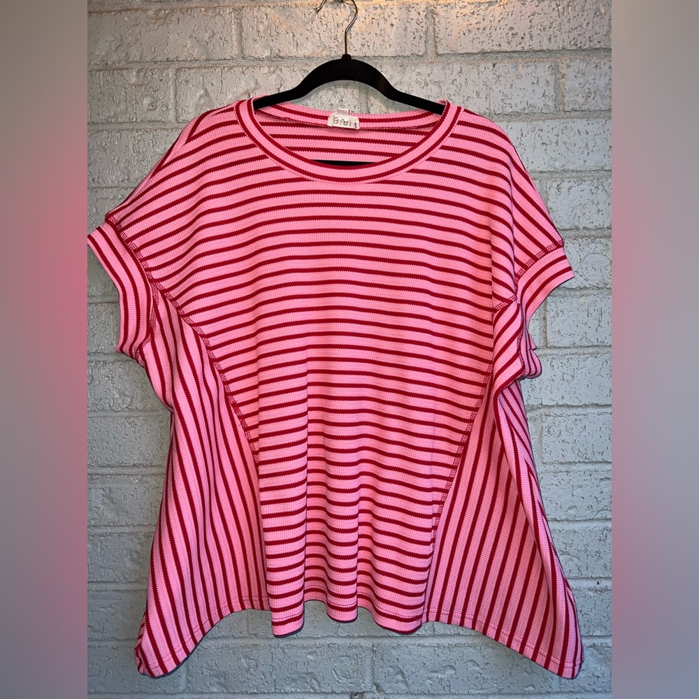 Bibi waffle knit pink and red striped shirt size small
